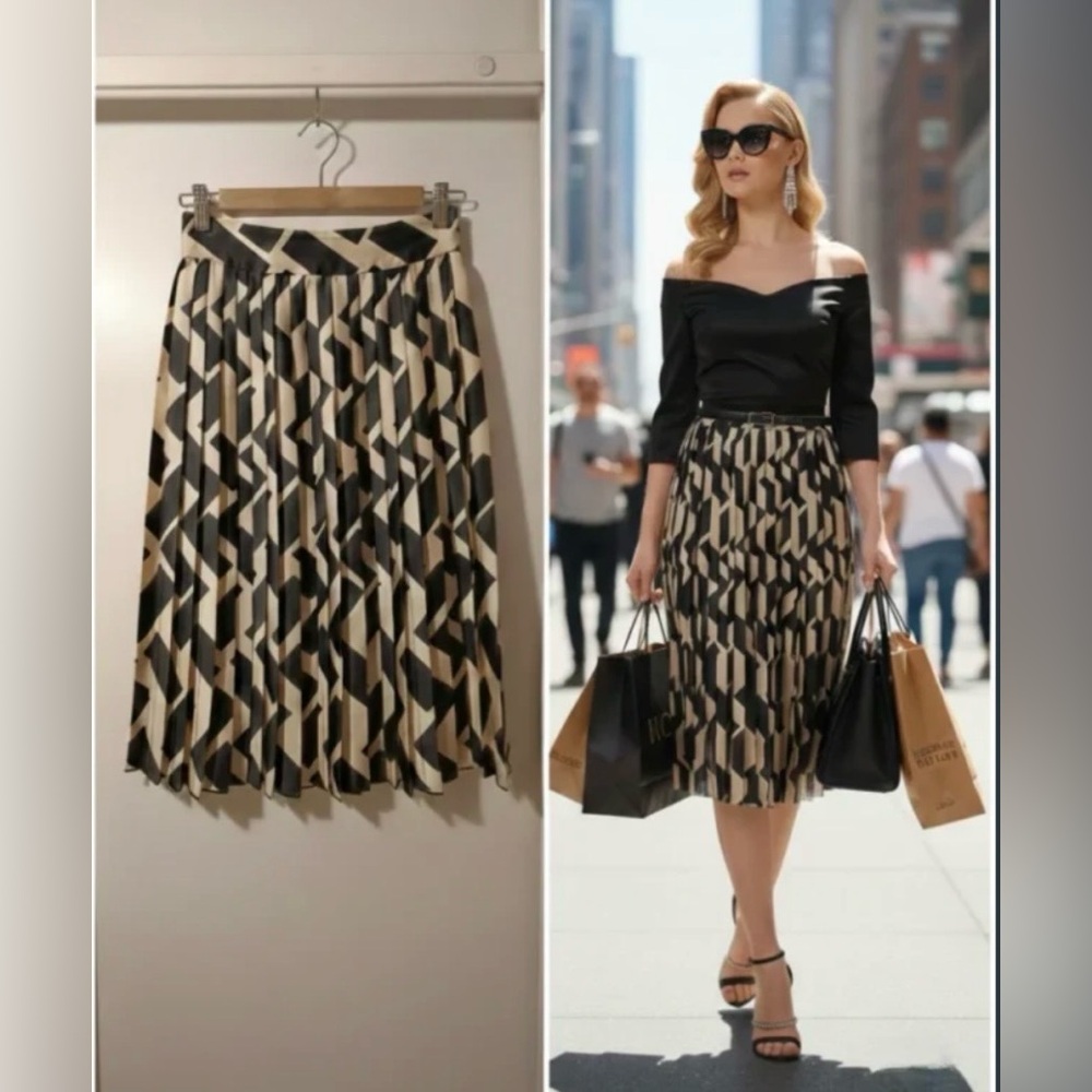 Mango Black and Cream Geometric Pleated Midi Skirt